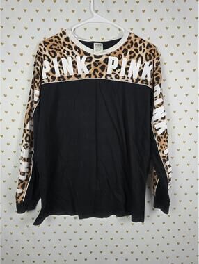 Victorias Secret PINK Cheetah Leopard Print Long Sleeve Tee Shirt Logo SMALL